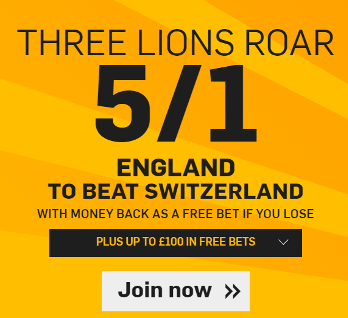 Betfair 5 to 1 on England to Beat Switzerland Enhanced Odds Offer
