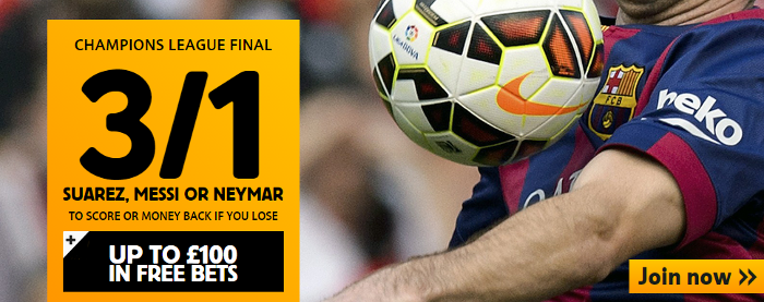 Betfair 3 to 1 for Messi, Neymar or Suarez to score offer