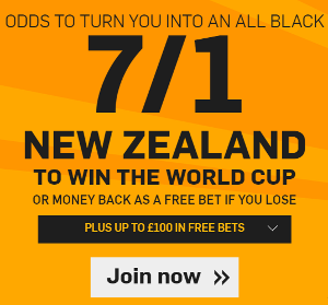 Betfair 7 to 1 on New Zealand to win Rugby World Cup Offer