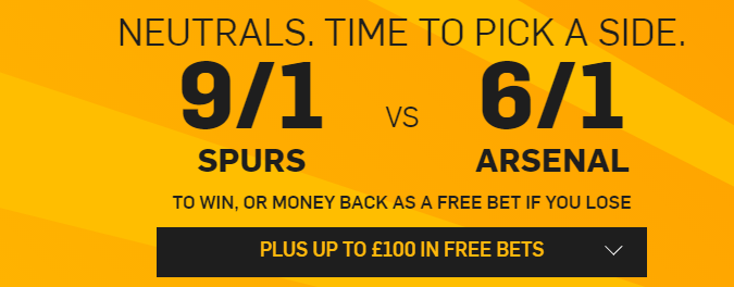 Betfair North London Derby Offer 9 to 1 Spurs or 6 to 1 Arsenal